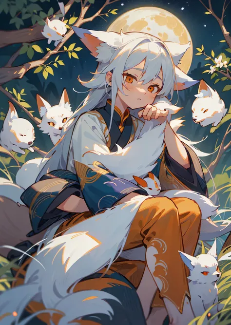 The background is a super large moon, a fox with white hair sitting on a branch under the stars, (Little Boy: 1.5), Ethereal Fox, Nine-Tailed Fox, Dreamy, Millennium Fox Demon, Onmyoji Detailed Art, Nine Tails, Beautiful Artwork Illustrations, Mythical Cre...