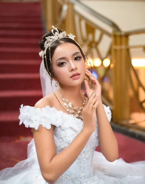 bride in white wedding dress posing on red carpeted stairs, wearing tiara, young beautiful woman, bride, wearing a wedding dress, a beautiful woman in white, beautiful female princess, beautiful woman, beauty woman, elegant fashion model, beautiful princes...