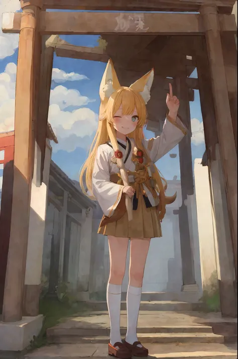 masterpiece, best quality, one girl, priestess uniform, standing in front of the torii gate, looking up, blonde, fox ears, happy,nine-tailed fox,