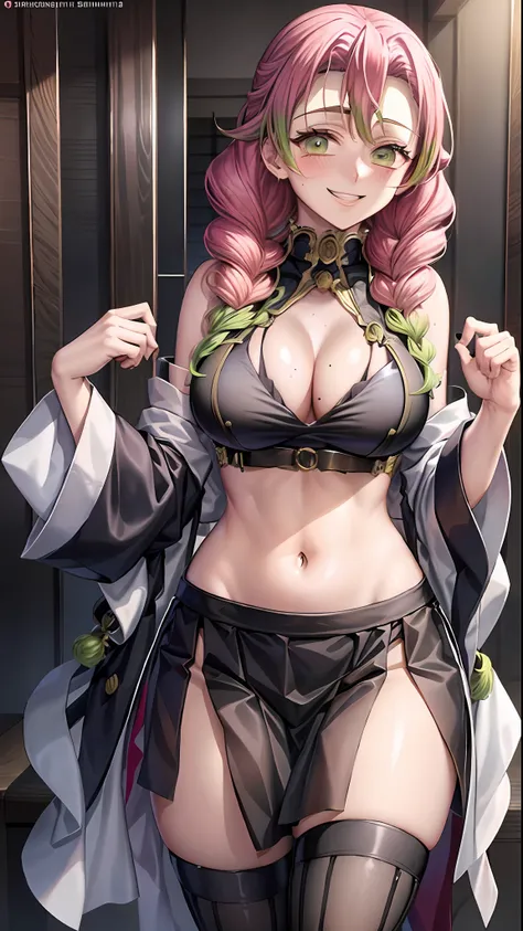 kanroji_mitsuri, Mitsuri, Gradient Hair, 1girl, Sexy Midriff, Slim Waist, Short Ruffled Skirt, Thighs, Arabian Women, Dancer, Abaya, Belly, (Black Veil: 1.5), Smile, Tucked Flared Lace see-through Blouse,