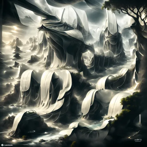 Airbrush drawing --v 5.1 style Futuristic design of an awesome sunny day environment concept art on a futuristic terrain with huge waterfalls,streams, mangroves,nature architecture, proportional,detailed,bright clouds, nature meets futuristic architecture ...