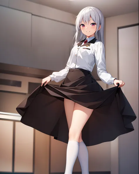 ((masterpiece)), ((best quality)), ((hd), (super detailed cg unity 4k wallpaper)), single, rising, black skirt, white socks, smi...