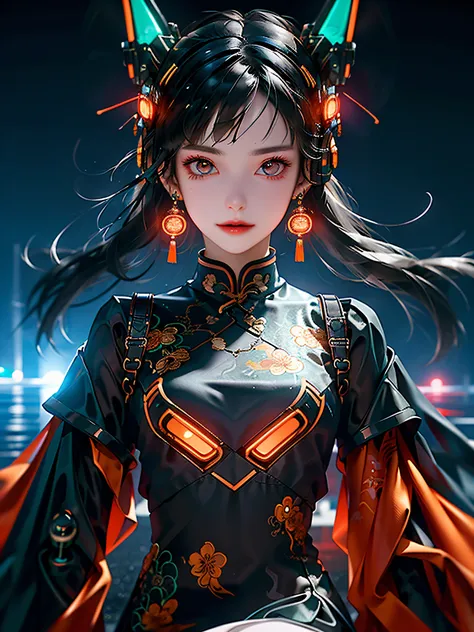 1 Girl, Chinese_clothes, metallic black titanium and orange, cyberhan, cheongsam, cyberpunk city, dynamic pose, detail luminous headphones, glowing hair accessories, long hair, glowing earrings, glowing necklace, cyberpunk, high-tech city, full of mechanic...