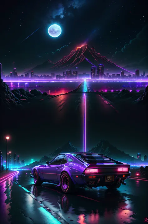 retrowave. city, 1969 Nissan S30, wide body kit, road, purple neon lights, sun, mountain,
(masterpiece,detailed,highres),