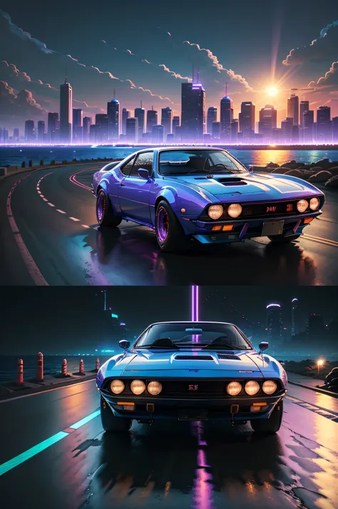 Reverse wave. City, 1969 Nissan S30, wide-body kit, road, purple neon, sun, close-up
(masterpiece, detailed, high resolution),
