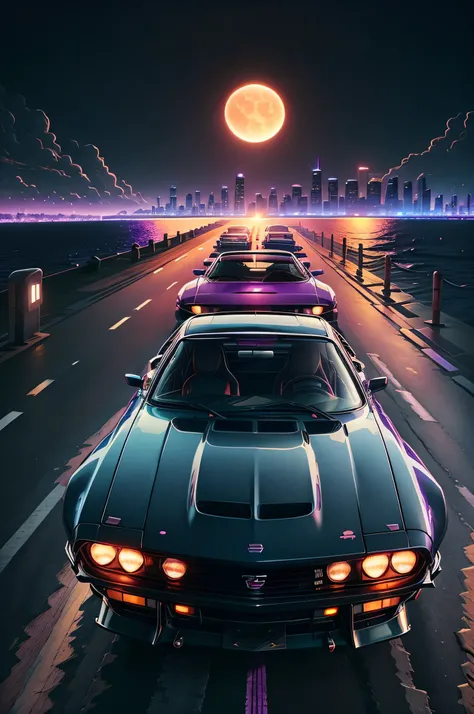 Reverse wave. City, 1969 Nissan S30, wide-body kit, road, purple neon, sun, close-up
(masterpiece, detailed, high resolution),