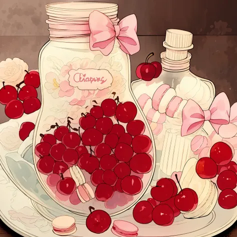 a cute bottle, bow, macaron, cherry