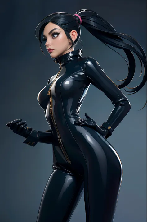 solo, super fine photo, portrait unreal engine 5 8k uhd of beautiful and cute girl, pigtail hair, black tight latex catsuit, lat...