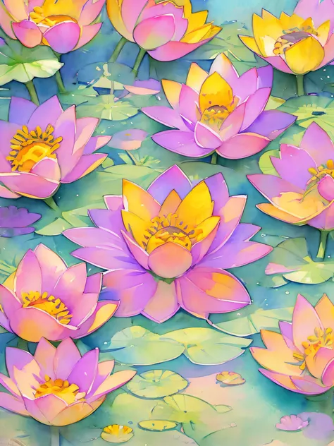 top view lotus flowers on the water surface, highly detailed render, concept art, depth of field, bokeh, octane render, sunny my...