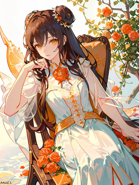 (HD4k,masterpiece:1.3,best quality),arafed woman in a white detailed dress lay up on a chair with flowers ((orange rose)) in the shade, dreamy and ethereal, ethereal and dreamy, lovely languid princess, dreamy atmosphere and drama, ,, floral dream,brown ha...
