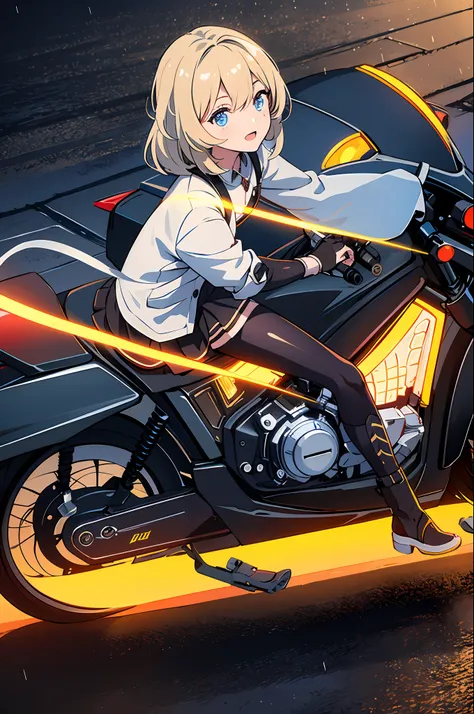 1girl, dress, jacket, rain, ground vehicle, helmet, mecha, motor vehicle, motorcycle, on motorcycle, vehicle focus, wheel, night...