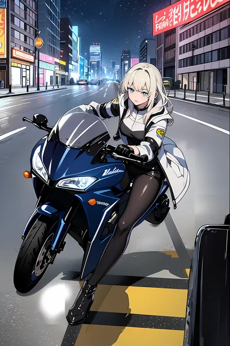 1girl, dress, jacket, rain, ground vehicle, helmet, mecha, motor vehicle, motorcycle, on motorcycle, vehicle focus, wheel, night...