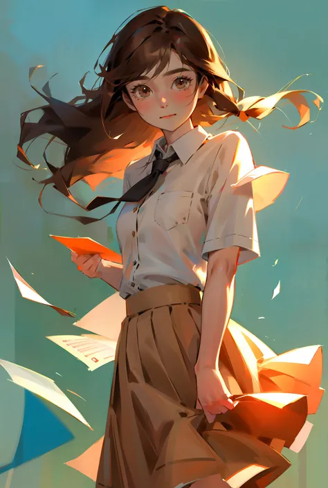 1girl, solo, paper, shirt, long hair, skirt, brown hair, white shirt, holding paper, blush, short sleeves, brown eyes, holding, ...