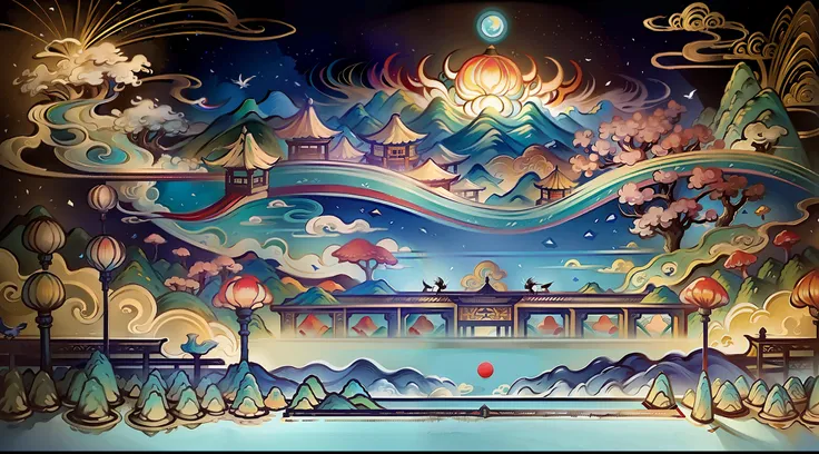 An ancient Chinese painting, ancient Chinese background, mountains, rivers, auspicious clouds, pavilions, sunshine,(psychedelic details),(mushrooms),(rainbow),masterpieces, super detail, epic composition, ultra HD, high quality, extremely detailed, officia...