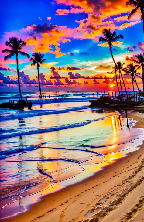 an absolutely mesmerizing sunset over the beach, with a blend of oranges, pinks, and yellows filling the sky. crystal-clear wate...