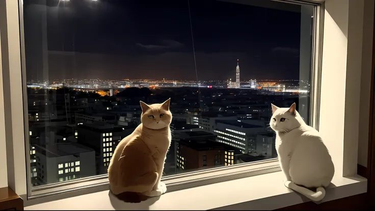 a slightly chubby cute fluffy light orange cat, sitting on the windowsill, sad mood, the room is very luxurious, the room is ver...