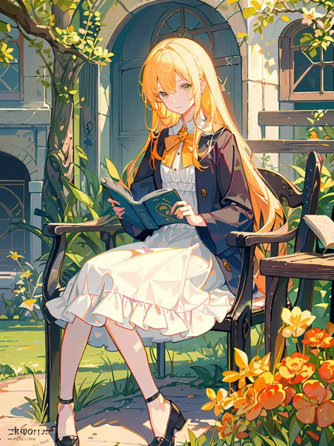 hd4k,masterpiece,best quality), arafed woman sitting in a chair reading a book in a garden,detailed cream dress,lolita dress, re...