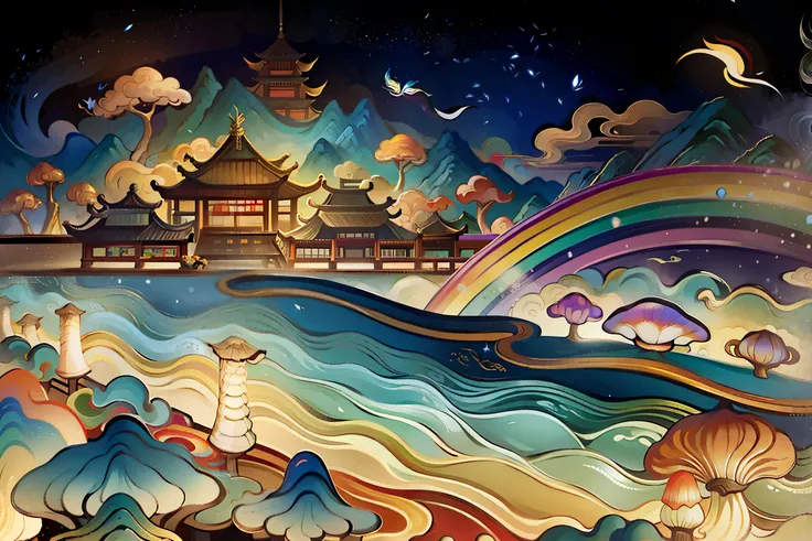 An ancient Chinese painting, ancient Chinese background, mountains, rivers, auspicious clouds, pavilions, sunshine,(psychedelic details),(mushrooms),(rainbow),(trippy),(DMT),(bodhisattva),intricate details, more details, high details,masterpieces, super de...