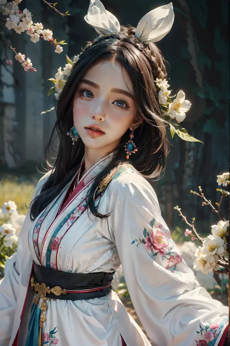 zhongfenghua, 1girl, (full body) solo, hanfu, flower field, blossom, (white smokes:1.3) (photorealistic:1.4), zentangle, mandala, entangle, official art, unity 8k wallpaper, ultra detailed, beautiful and aesthetic, masterpiece,best quality, (dynamic angle:...