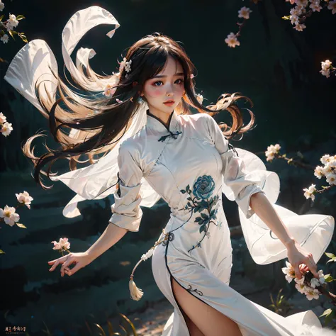 zhongfenghua, 1girl, (full body) solo, hanfu, flower field, blossom, (white smokes:1.3) (photorealistic:1.4), zentangle, mandala...