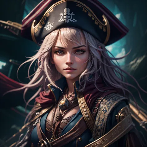 "hyper-realistic, best quality, ultra-detailed, cg unity 8k wallpaper, portrait of a beautiful, female pirate captain, on her pi...