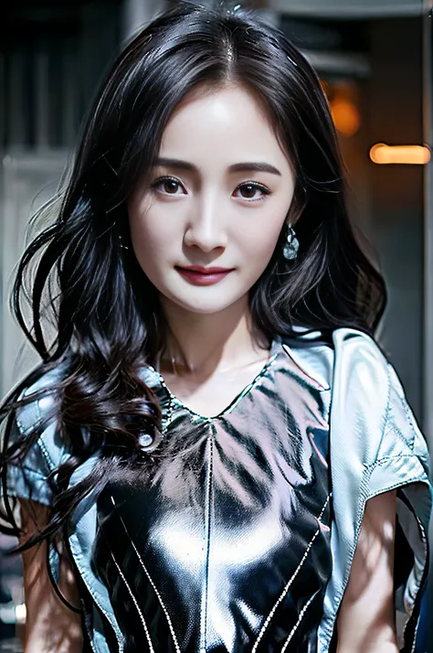 (yangmi), 1girl, standing in the street at night, extremely detailed eyes and face, beautiful detailed eyes, upper body, (small ...