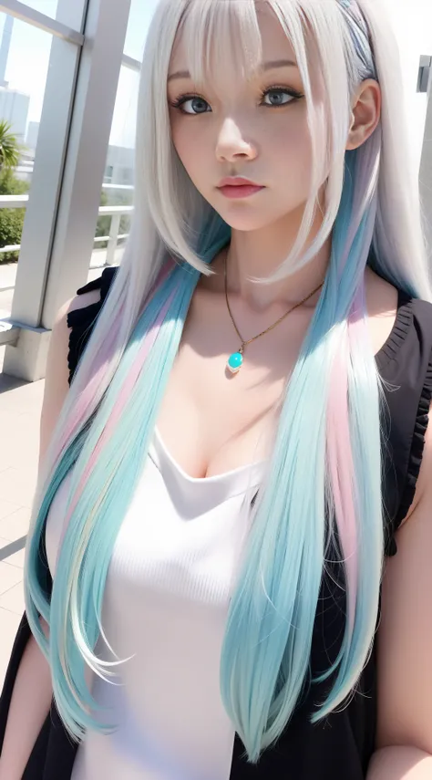 a close up of a woman with long hair wearing a white top, with white long hair, colourful long hair, long hair with pastel colors, colorful pastel, with long white hair, dyed hair, with long turquoise hair, long cyan hair, harajuku hair, colored hair, past...