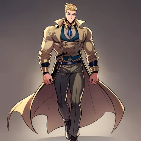 young man, muscular male, tall male, bishi, pants ,coat,vest, blond hair