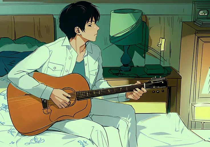 anime man playing guitar in bed, lamp and dresser in background, conrad rosette and makoto shinkai, makoto shinkai art style, ma...