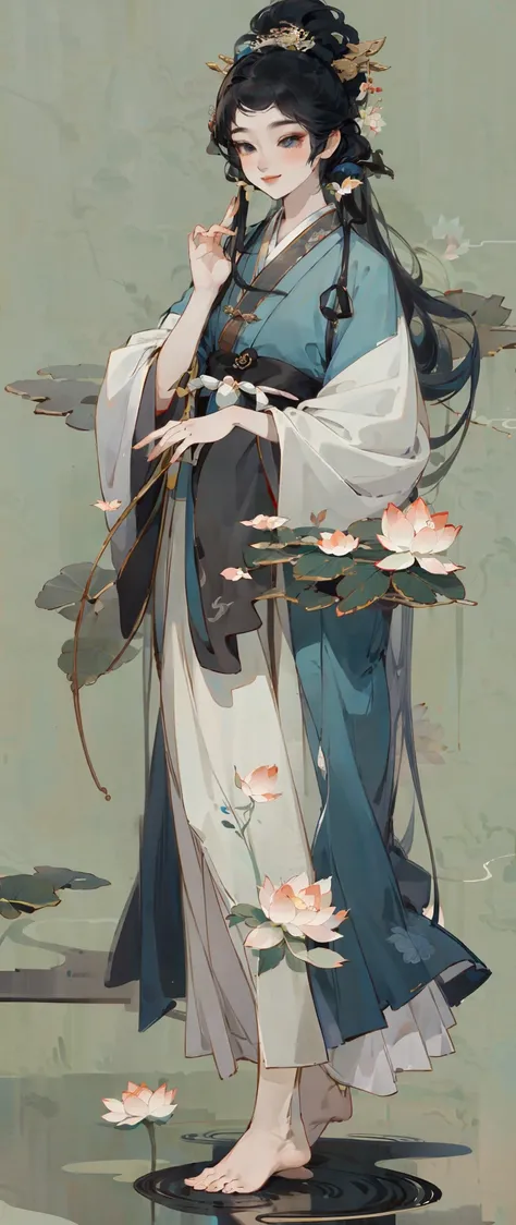 ((4k,masterpiece,best quality)), shuimobysim, traditional chinese ink painting, lotus, hanfu, maxiskit, dress conservatively 1girl, solo, long blue hair, smile, standing, feet in the water, barefoot, --auto --s2