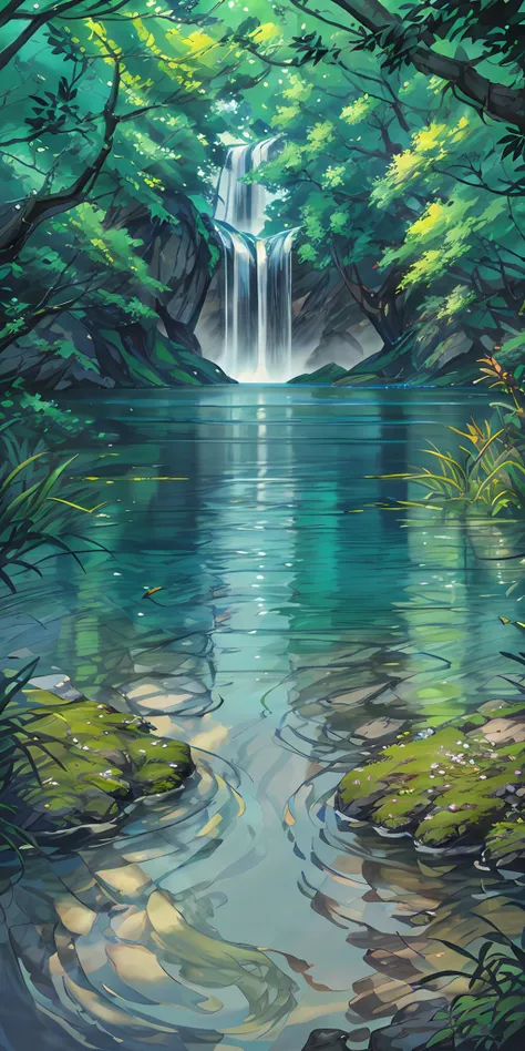 Chinese ancient times, spring, jungle, lake, cave, waterfall, tree, meadow, rock, deer, hot spring, water vapor, (illustration: 1.0), epic composition, realistic lighting, HD details, masterpiece, best quality, (very detailed CG unified 8k wallpaper)