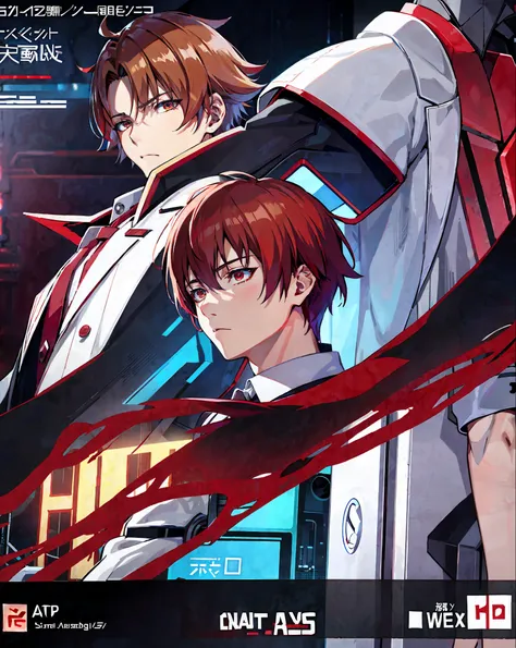 anime character in white coat and red tie standing in front of a circuit board, digital cyberpunk anime!!, symmetry!! portrait o...