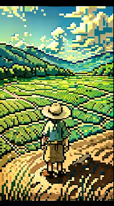 a peasant uncle with a straw hat stands in a wheat field, big clouds, blue sky, rice field, neat rice seedlings in the field, fo...