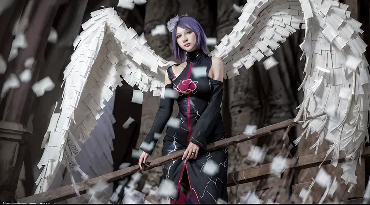 best quality, 8k, 32k, masterpiece, photo realistic, realistic, anime cosplay with purple wings and black wig and outfit, anime ...