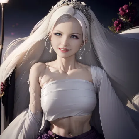 realistic, 1girl, white hair, purple eyes, glowing eyes, crop top, skirt, parted lips, blush, night, flowers, sun, sunlight,