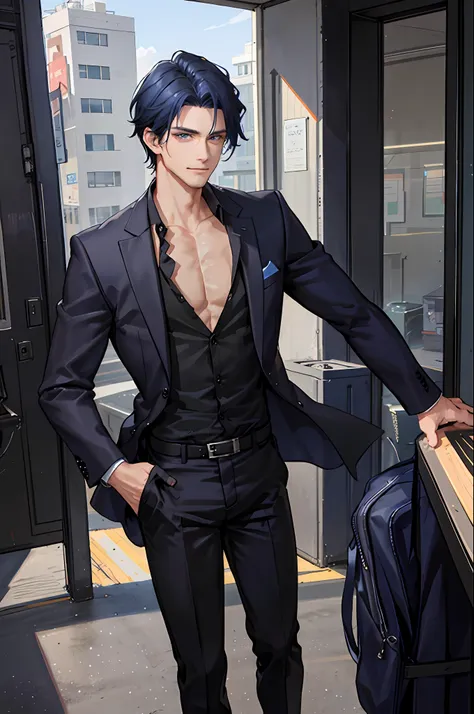 1boy, [detailed background (office, large office, workplace)], indigo blue hair, dark indigo hair, short blue hair, comma hair, lean and muscular male, alpha male, masculine male, ((man wears a black shirt half unbuttoned, black suit, black trousers)), cor...