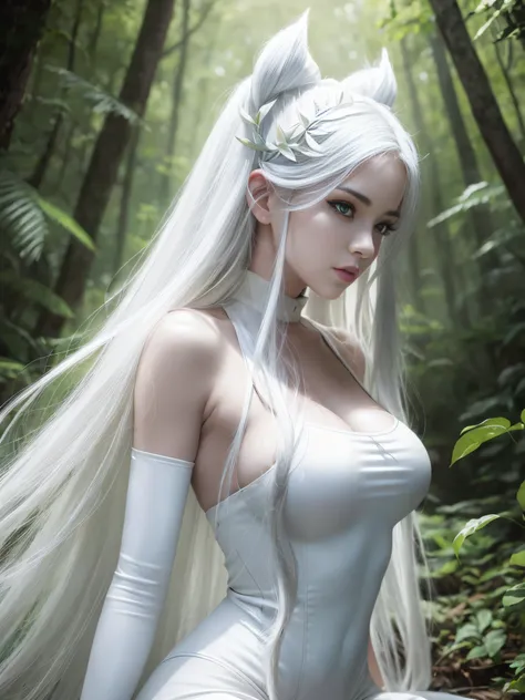 arafed woman in a white bodysuit posing in a forest, detailed white long hair, with white long hair, tifa lockhart with white ha...