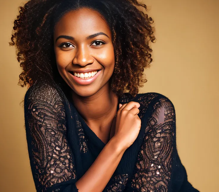 perfect portrait photo of (young black woman)) , best quality, she is wearing a black sweater, soft lighting, gorgeous, brunette woman, wide smile,
highly intricate high definition wallpaper