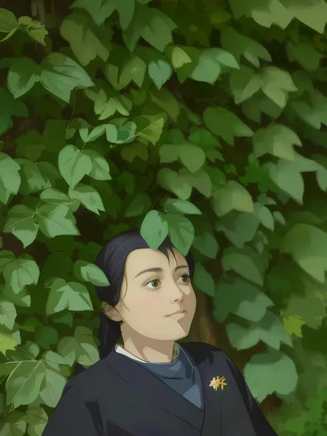 Two-dimensional, two-dimensional painting, pure hand-painted, 20-year-old girl, making funny expressions, wearing colorful Hanfu, leaning against the wall full of green leaves, high definition, super detailed, clear lines, delicate colors. The sun shines t...