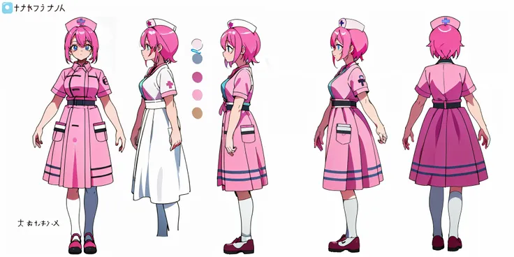 nurse, blue eyes, pink hair, white background, standing, best quality (1.3), masterpiece (1.2), character sheet