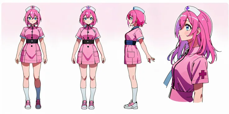 nurse, blue eyes, pink hair, white background, standing, best quality (1.3), masterpiece (1.2), character sheet