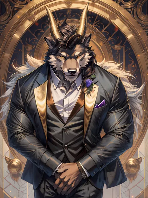 there is a man in a suit with horns on his head, masterpiece anthro portrait, furry character portrait, commission for high res,...