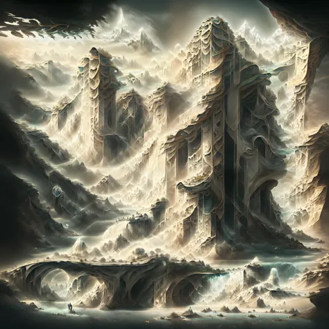 there is a digital painting of a mountain with a waterfall, symmetrical epic fantasy art, organic matte painting, most epic land...