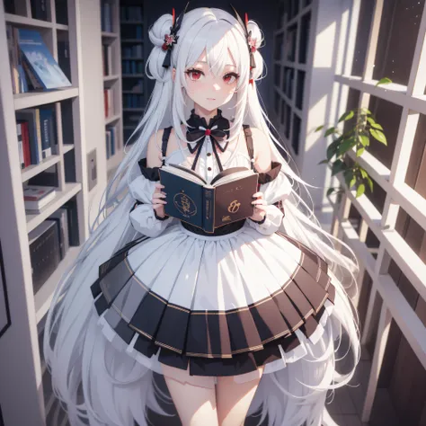 (Perfect white-haired girl + youth campus: 1.2), (anime girl + girl front style + anime visual + anime cute art style: 1.3), (long white hair + white hair + from girl front: 1.2), (one book + one book: 0.9), beautiful portrait, harmony fusion, rich picture...