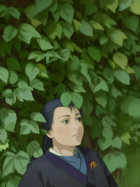 Two-dimensional, two-dimensional painting, pure hand-painted, 20-year-old girl, making funny expressions, wearing colorful Hanfu, leaning against the wall full of green leaves, high definition, super detailed, clear lines, delicate colors. The sun shines t...