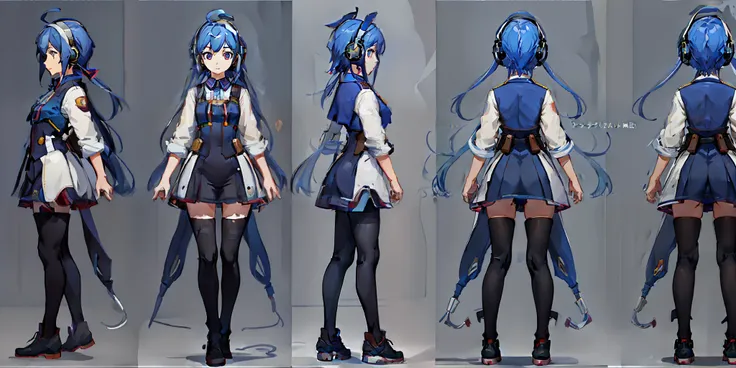 headphone girl, white background, full body, standing, best quality (1.3), masterpiece (1.2), character sheet