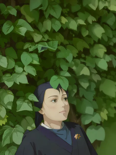 Two-dimensional, two-dimensional painting, pure hand-painted, 20-year-old girl, making funny expressions, wearing colorful Hanfu, leaning against the wall full of green leaves, high definition, super detailed, clear lines, delicate colors. The sun shines t...