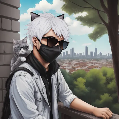 (amazing scene) kid with medium hair dyed white wearing black hipster sunglasses, looking out at the landscape with a gray cat s...