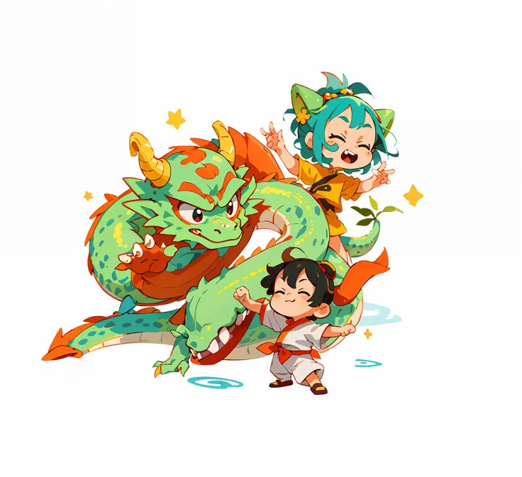 single sticker, 1 sticker, three little dragons, cute little chinese dragon, chinese dragon, anthropomorphic, dragon lady, white...