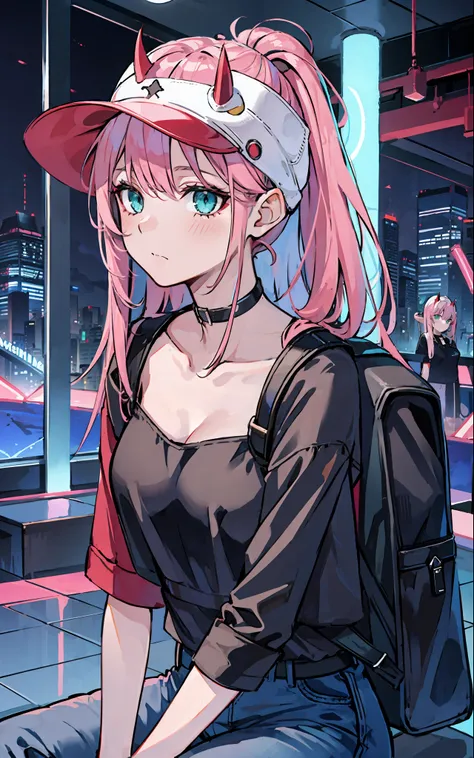 zero two \(darling on franxx\), darling on franxx, 1girl, closed mouth, bangs, black cap, bite, eyeshadow, green eyes, hair behi...